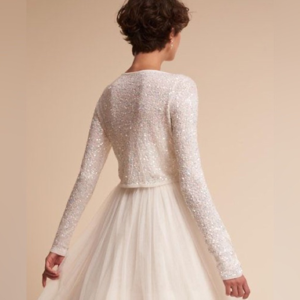 BHLDN Elegant Iridescent White Sequin Long Sleeve Sweater Bridal Cover Up Ananda - Picture 2 of 7